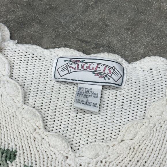 Vintage Nuggets Ramie Cotton Blend Floral Cottagecore V Neck Pullover Sweater L - Picture 7 of 8